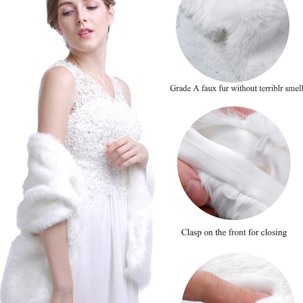 Wedding bridal Elegant White Faux Fur Shawl